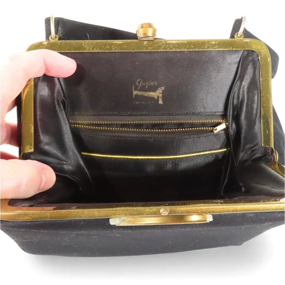 VTG Ingber Black Wool FRAME TOP PURSE BAG Pearlized Brass Lever Clasp SATCHEL